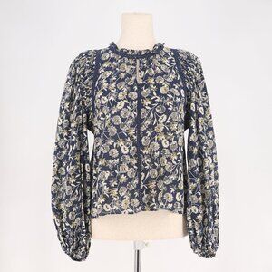 THE WESTSIDE Delaney Lace-Detail Blouson Sleeve Top Cotton Navy Floral Size S